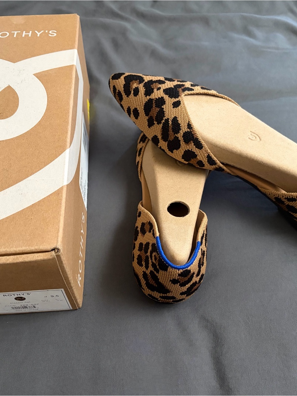 Rothy's Leopard Print Pointed D'Orsay Flats - Tan & Black with Blue Trim - Picture 7 of 9